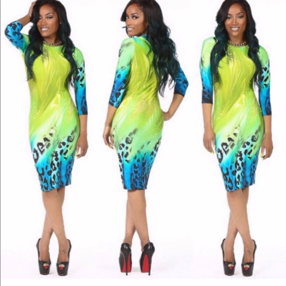 Blue a d green animal print party dress